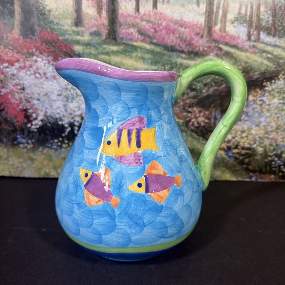 OGGI Yellow Purple Fish Water Pitcher Blue Ceramic Green Handle Purple Dots 7.5"